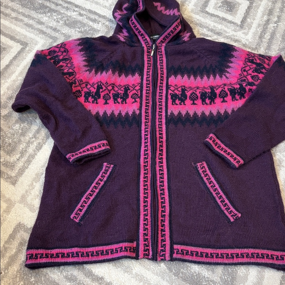 Womens alpaca connection made Peru Nordic fair isle sweater XL hood 15% alpaca
